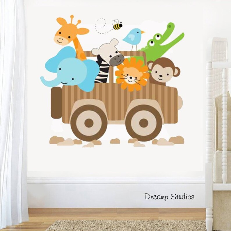 Jungle Vehicle Transportation Monkey Elephant Giraffe Zebra SAFARI ANIMAL JEEP Decal Baby Girl Boy Nursery Wall Art Kids Room Stickers