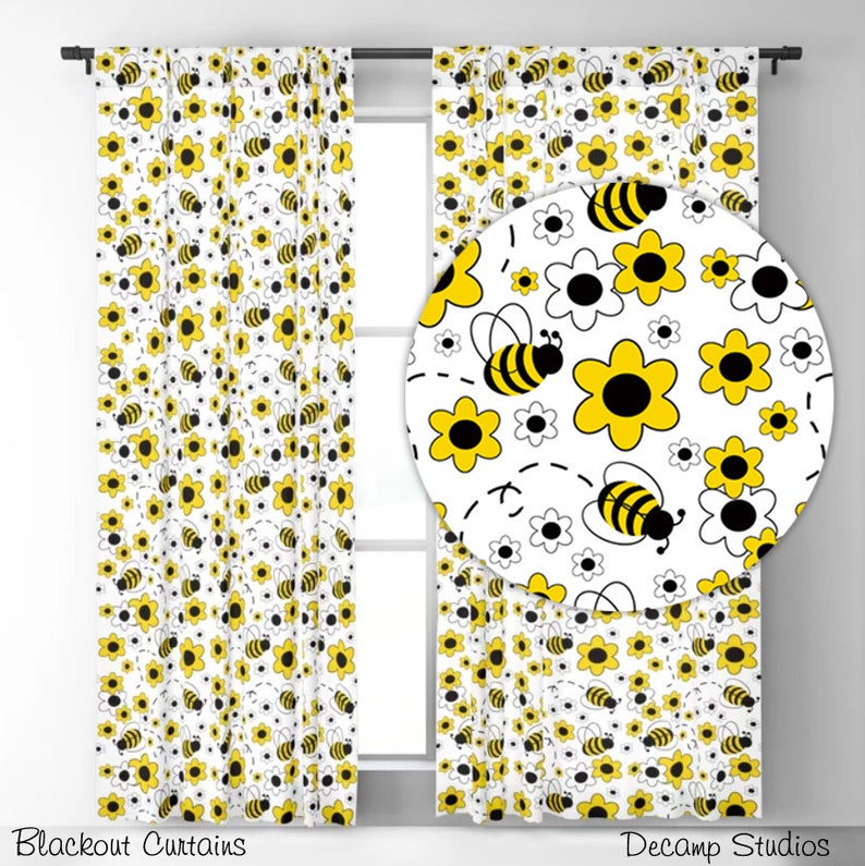 Yellow Floral Honey Bumble Bee Window Curtain Baby Girl Nursery Room Kids Bedroom Spring Decor, Blackout Room Darkening Sheer Drapery Panels