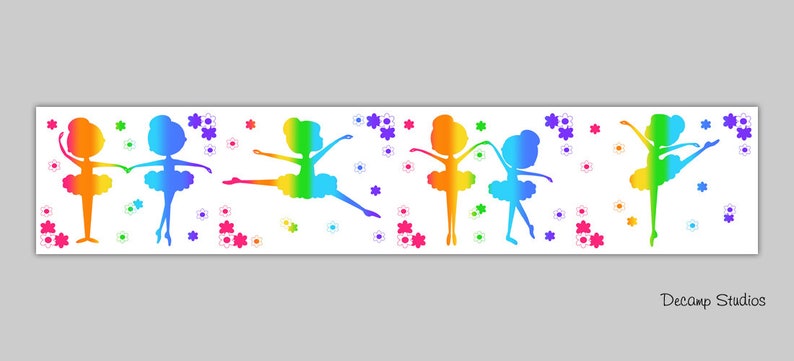 BALLERINA GIRLS ROOM Rainbow Wallpaper Border Wall Art Decals Kids Ballet Tutu Silhouette Floral Stickers Decor Girls Room Wall Art Decor