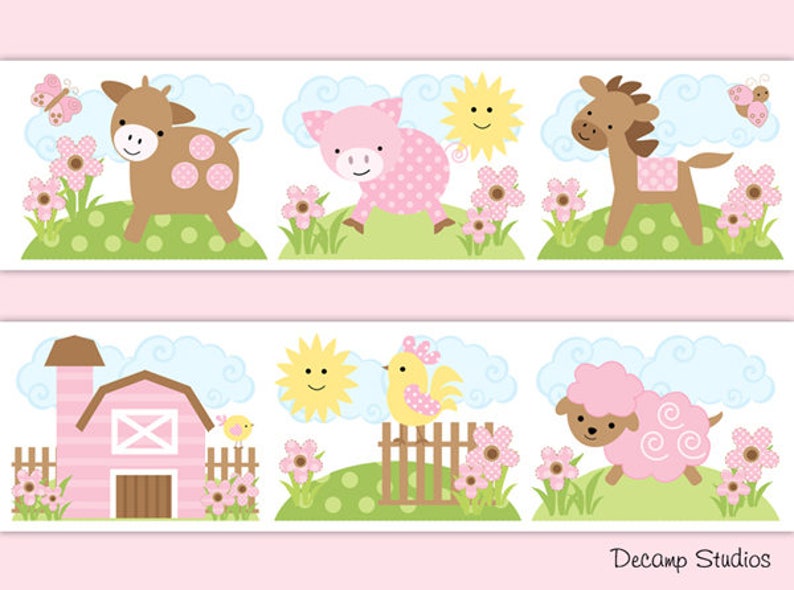 FARM ANIMALS NURSERY Decals Baby Girl Wallpaper Border Wall Etsy