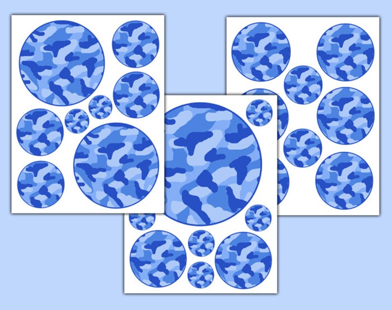 Blue Camo Polka Dot Decals Boy Camouflage Circle Stickers Bedroom Decor Baby Nursery Kids Geometric Art Childrens Military Hunting Room