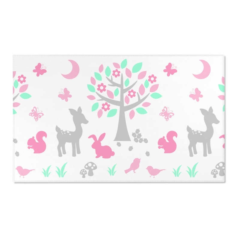 WOODLAND ANIMALS RUG Baby Girl Nursery Decor Pink Mint Green Etsy