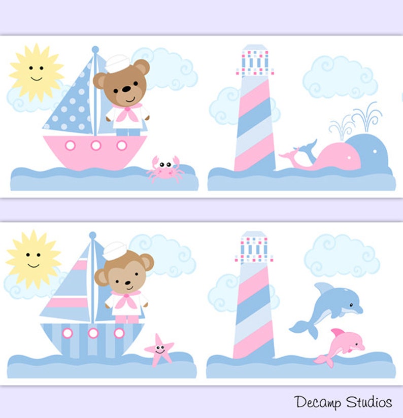 PINK NAUTICAL NURSERY Baby Girl Sailboat Wallpaper Border Wall Art Decal Kids Room Decor Lighthouse Whale Starfish Dolphin Teddy Bear Monkey