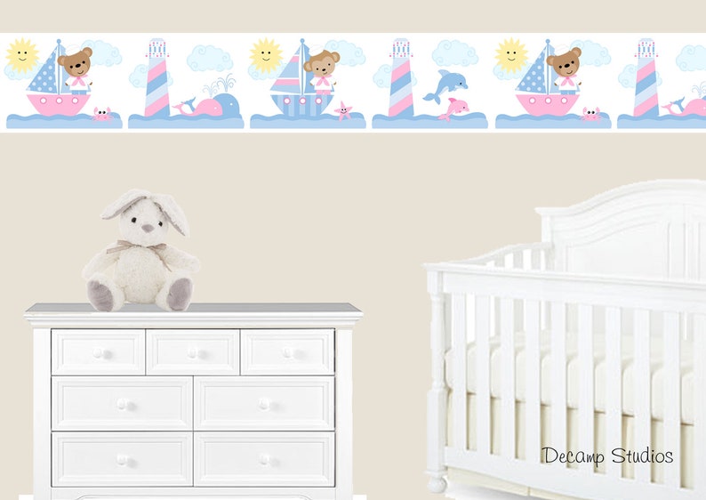 PINK NAUTICAL NURSERY Baby Girl Sailboat Wallpaper Border Wall Art Decal Kids Room Decor Lighthouse Whale Starfish Dolphin Teddy Bear Monkey