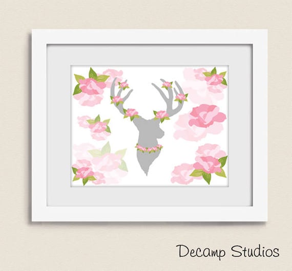 Deer Antler Roses Woodland Nursery Prints Wall Art Shabby Chic Girl Cottage Room