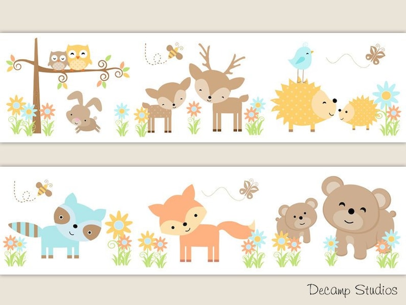 WOODLAND ANIMAL NURSERY Baby Girl Wallpaper Border Wall Art Etsy