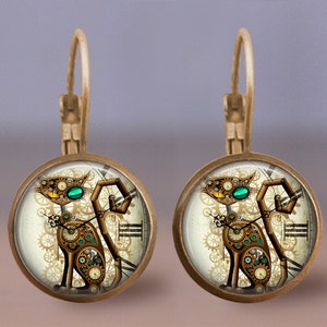 Steampunk Cat Clock Earrings, Lever back Cat Earrings, Cat Lover Gift, Steampunk Lover Gift, Steampunk Earrings, Fantasy Earrings