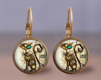 Steampunk Cat Clock Earrings, Lever back Cat Earrings, Cat Lover Gift, Steampunk Lover Gift, Steampunk Earrings, Fantasy Earrings