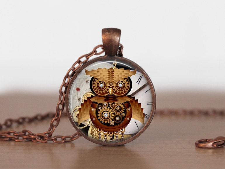 Steampunk Owl Clock Jewelry, Owl Pendant, Owl Lover Gift, Steampunk Lover Gift, Gear Owl clock penda