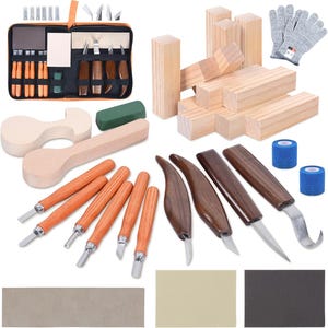 May include: A wood carving kit containing various metal blades with wooden handles, multiple rectangular wooden blocks, a pair of grey cut-resistant gloves, two blue adhesive bandages, sharpening stones, and a black zippered storage case.