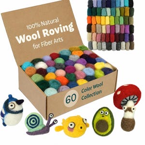 May include: A cardboard box containing 60 small, multi-colored balls of 100% Natural Wool Roving for Fiber Arts. The box lid features the text 100% Natural Wool Roving for Fiber Arts and 60 Color Wool Collection. Five felted figures are included.