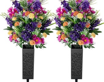 Bouquet de fleurs de cimetière artificielles avec vase – Fleurs sauvages violettes et roses (Ensemble de 2)