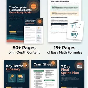 May include: A digital download bundle for the Florida Real Estate Exam, including a study guide, math guide, glossary, cram sheet, and 7-day sprint plan. The documents feature dark blue, orange, and white graphics with text detailing exam content.