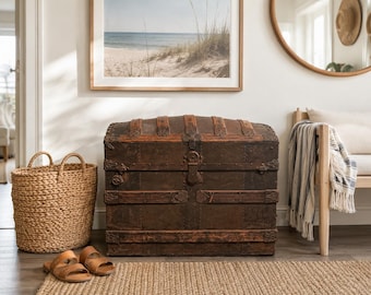 Antique Dome Top Steamer Trunk, Vintage Wood Metal Storage Chest, Coastal Decor