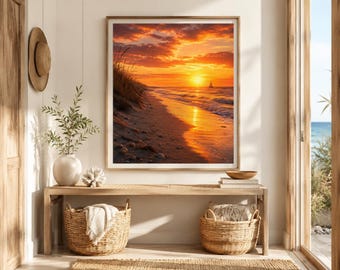 Impressão de pôr do sol na praia com veleiro, arte de parede costeira, paisagem marítima (download digital)