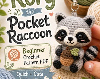 Padrão de crochê em PDF para amigurumi do guaxinim de bolso Rory, chaveiro de pelúcia para iniciantes (download digital)