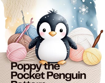 Padrão de crochê em PDF para pinguim de bolso Poppy, chaveiro de pelúcia amigurumi para iniciantes.