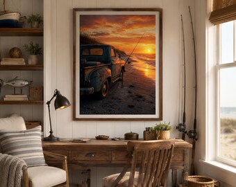 Impressão de pôr do sol com pesca na praia, arte vintage de caminhonete na praia (download digital)