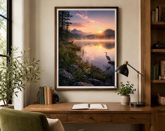 Impressão de vida selvagem ao nascer do sol à beira do lago, arte de parede com lago na montanha, garça, veado (download digital)