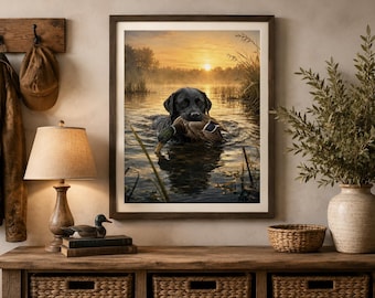 Quadro de um Labrador Preto Recuperando um Pato, Arte de Parede com Cães Esportivos, Decoração com Aves Aquáticas ao Nascer do Sol (Download Digital)