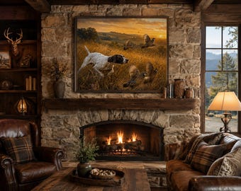 Impressão digital de cena de campo com codornas Pointer, arte de parede para caça em terrenos elevados, decoração para amantes de cães de caça (download digital)