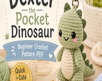 Padrão de crochê em PDF do dinossauro de bolso Dexter, chaveiro amigurumi para iniciantes (download digital)