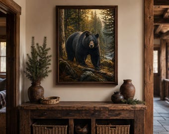Impressão de Urso Negro, Arte de Parede Rústica para Chalé na Floresta, Pôster de Vida Selvagem (Download Digital)