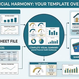 May include: A digital financial planning template overview titled Financial Harmony. The layout includes sections for income streams, partnership finances, a complete visual summary dashboard, mortgage loan model, shared savings tracker, shared bill tracker, and individual budgets with various charts, graphs, and icons.