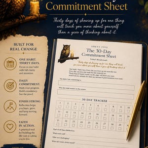 May include: A 30-day commitment sheet printable document featuring an owl and candle illustration. The page includes a 30-day tracker grid, sections for habit goals, reflection questions, and the text Following God's Breadcrumbs and Sheet Five.