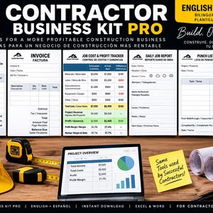May include: A Contractor Business Kit Pro digital template set featuring bilingual English and Spanish documents including construction estimates, invoices, job cost trackers, daily reports, and punch lists, displayed with a yellow hard hat and laptop.