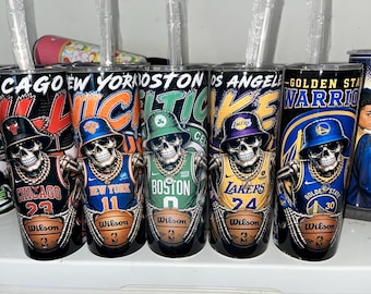 20oz Skinny Tumbler: NBA Team Skeleton Design (Chicago, NY, Boston, LA, Golden State)