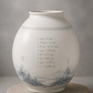 Op de afbeelding: Een witte keramische vaas met een blauwe landschapsillustratie aan de basis, heteluchtballonnen en een conversietabel in zwarte tekst: 1 tsp = 5 mL, 1 Tbsp = 15 mL, 1 fl oz = 29.57 mL, 1 cup = 240 mL, 1 pt = 473 mL, 1 qt = 946 mL, 1 gal = 3.785 L, 1 L = 1.000 mL.