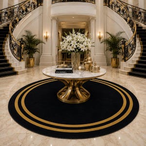 May include: A round marble-topped table with a gold base sits on a black circular rug with gold trim. The table holds a large glass vase of white flowers, two gold decorative jars, and two stacked books with the word CHANEL printed on the cover.