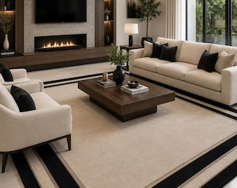 Hand-Tufted Wool Area Rug | Black Beige Geometric Border Carpet