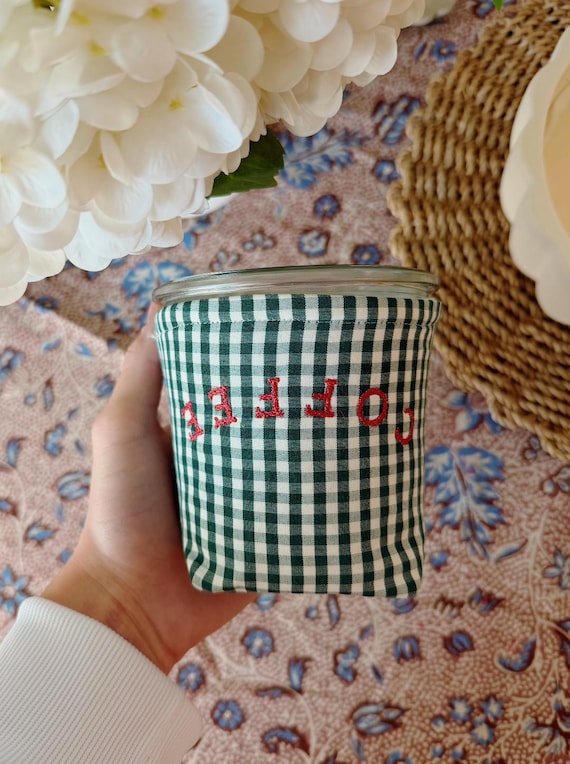 Embroidered Gingham Weck Jar Cozy — Coffee | 0.5L | Handmade