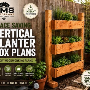Könnte beinhalten: Ein vertikaler Pflanzkasten aus Holz mit drei gestapelten Ebenen, die jeweils mit grünen Pflanzen gefüllt sind. Der Text lautet: DMS WOODPLANS, SPACE SAVING VERTICAL PLANTER BOX PLANS, DIY WOODWORKING PLANS, DETAILED INSTRUCTIONS, ACCURATE DIAGRAMS, EASY TO BUILD, PERFECT FOR SMALL SPACES, BUILD IT. PLANT IT. LOVE IT.