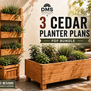 Puede incluir: Un paquete digital en PDF titulado 3 CEDAR PLANTER PLANS de DMS WOODPLANS que presenta ilustraciones de una jardinera vertical de tres niveles y una jardinera rectangular grande de madera, ambas llenas de varias plantas verdes.
