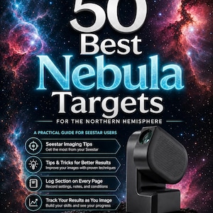 May include: A book cover titled 50 Best Nebula Targets for the Northern Hemisphere, featuring a space nebula background. It includes text about Seestar imaging tips, tricks, log sections, and tracking results, with a black telescope device shown.