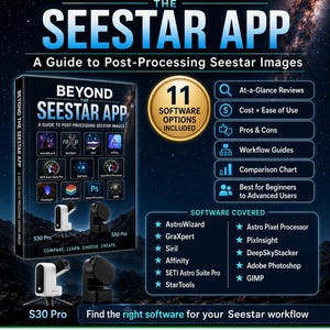 Op de afbeelding: Een boek getiteld Beyond the Seestar App: A Guide to Post-Processing Seestar Images. De cover bevat iconen voor 11 softwareopties, afbeeldingen van S30 Pro en S50 Pro telescopen, en een lijst met software zoals PixInsight en GIMP.