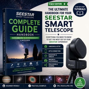 May include: A Seestar Smart Telescope complete guide handbook featuring a dark blue cover with a starry night sky, a silhouette of a person with a telescope, and text detailing step-by-step tutorials for unboxing, setup, and astrophotography.