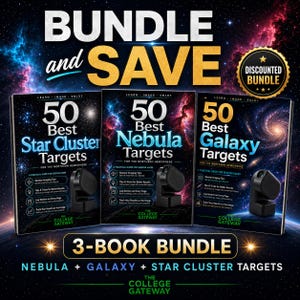 Op de afbeelding: Een bundel van drie boeken met gidsen getiteld 50 Best Star Cluster Targets, 50 Best Nebula Targets en 50 Best Galaxy Targets voor Seestar-gebruikers. Elke zwarte kaft toont ruimtebeelden, een klein telescooppictogram en het The College Gateway-logo.