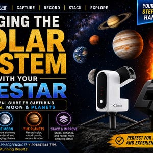 Könnte beinhalten: Ein Seestar-Anleitungsheft mit dem Titel Imaging the Solar System with Your Seestar, das ein weißes und ein schwarzes Teleskop auf Stativen vor einem Weltraumhintergrund mit Planeten, der Sonne und Text zu Capture, Record, Stack und Explore zeigt.