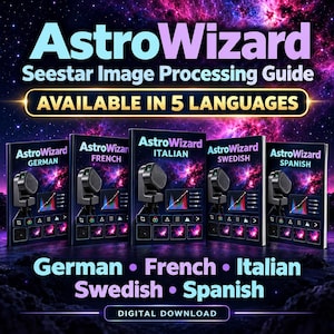 May include: A digital guide titled AstroWizard Seestar Image Processing Guide, available in five languages. The cover features a telescope, a histogram graph, and a nebula background. The text includes German, French, Italian, Swedish, and Spanish.