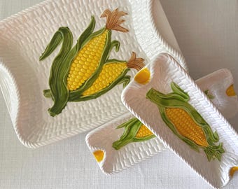 Vintage Corn on the Cob Dinner Plates and Serving Dish, Summer Dinnerware, Handpainted Ceramics, Mid-Century Modern Kitchen Decor