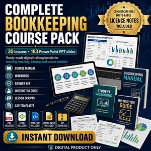 Könnte beinhalten: Ein digitales Buchhaltungskurs-Paket mit einem Laptop, der Finanzdiagramme anzeigt, einem Taschenrechner, einem Stift und gedruckten Handbüchern mit den Titeln Bookkeeping Manual, Student Workbook und Instructor Guide.