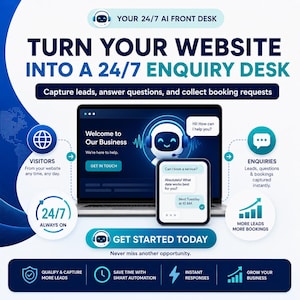May include: A digital graphic promoting a 24/7 AI front desk service. It features a laptop and smartphone displaying a chatbot interface with the text 'Welcome to Our Business' and 'Hi! How can I help you?'. Icons illustrate lead capture and booking.