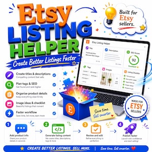 Könnte beinhalten: Eine digitale Grafik für Etsy Listing Helper mit dem Text Etsy Listing Helper Create Better Listings Faster, einem Laptop mit einer Benutzeroberfläche inklusive SEO-Werten, einer leuchtenden blauen Box und einem vierstufigen Arbeitsablauf.