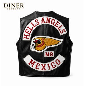 Hells Angels mexico Black Leather Biker Vest | Embroidered Winged Skull, Custom Rocker Patches