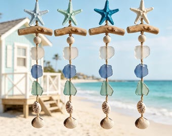 Handmade Driftwood Starfish Wind Chime, Coastal Sea Glass Shell Decor