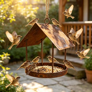 May include: A rustic, weathered metal bird feeder with a peaked roof and a circular tray filled with mixed seeds. Multiple small brown and tan sparrows are perched on the edges of the tray and roof, while others are captured in mid-flight around it.